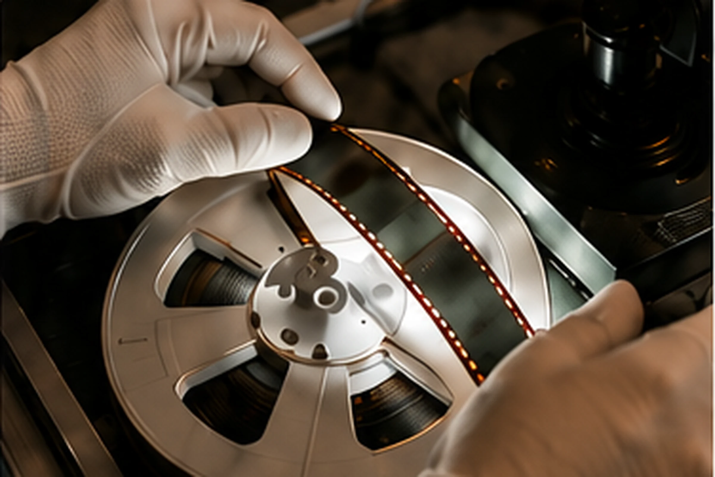Hände mit weißen Handschuhen halten eine Filmrolle bei der Digitalisierung.