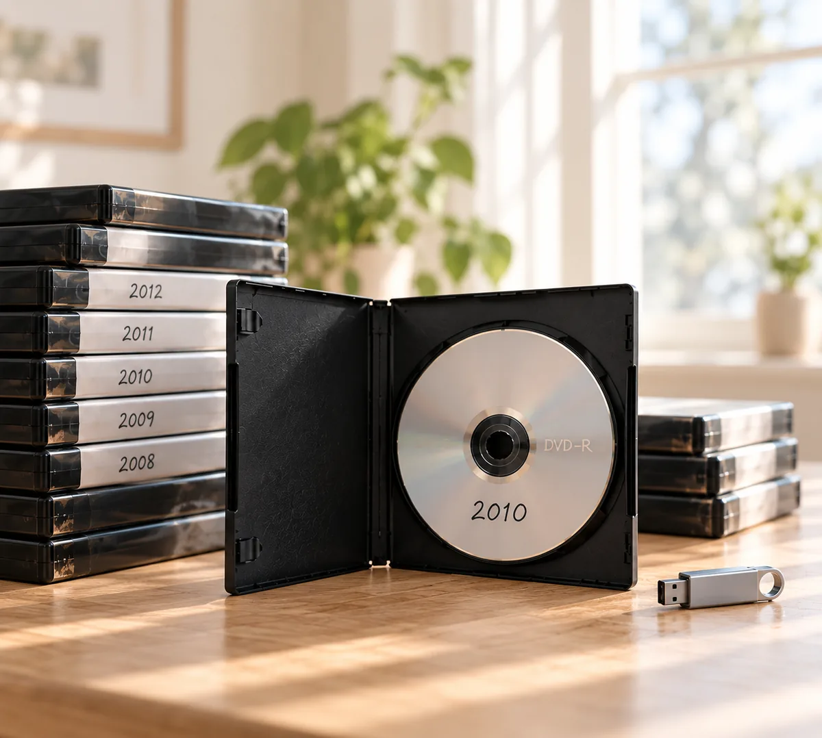 Eine offene DVD-Hülle mit einer selbst gebrannten Disc, beschriftet mit 2010, neben einem Stapel DVD-Hüllen mit Jahreszahlen und einem USB-Stick