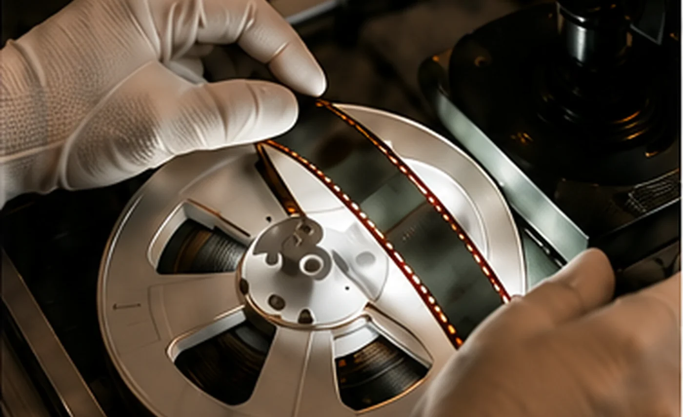 Hände mit Schutzhandschuhen halten eine Filmrolle bei der Digitalisierung.